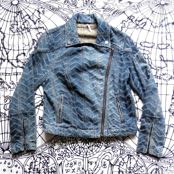 Free People || Punched Denim Herringbone Biker Jacket - Picture 1 of 11